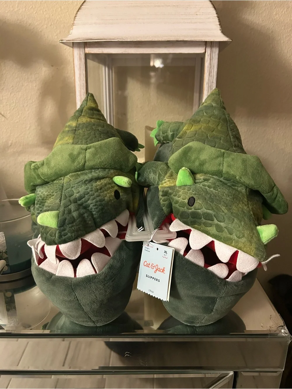 Cat & Jack Green Plush Dinosaur Slippers